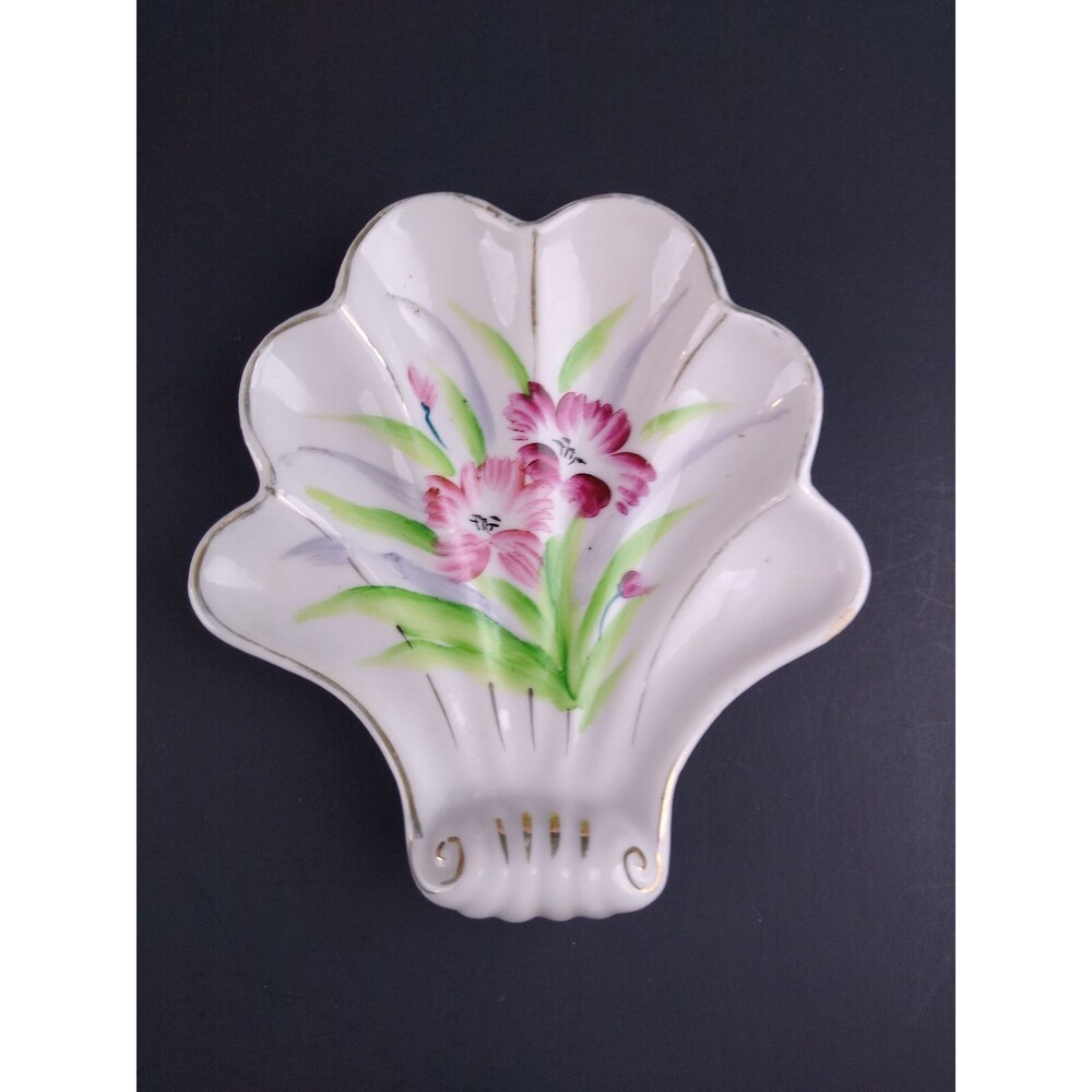 Vintage Hand Painted Shell Trinket Plate Bowl Dish Royal Japan Ceramic Floral